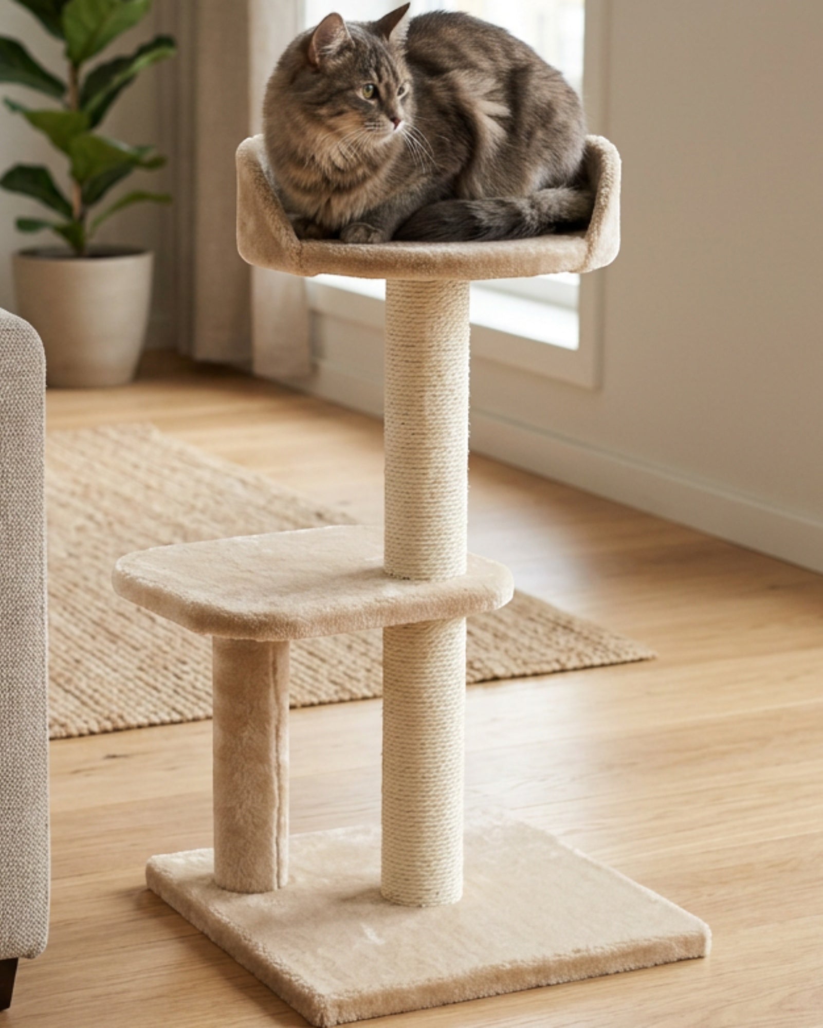 Wcwo Compact Sisal Cat Tree 72 cm Beige with Raised Perch - Lifestyle view