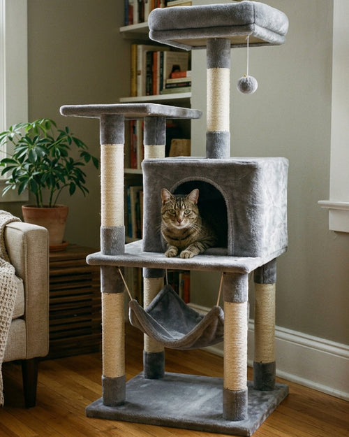 Wcwo Multi-Level Cat Tower 118 cm Gray with Condo and Hammock - Lifestyle view