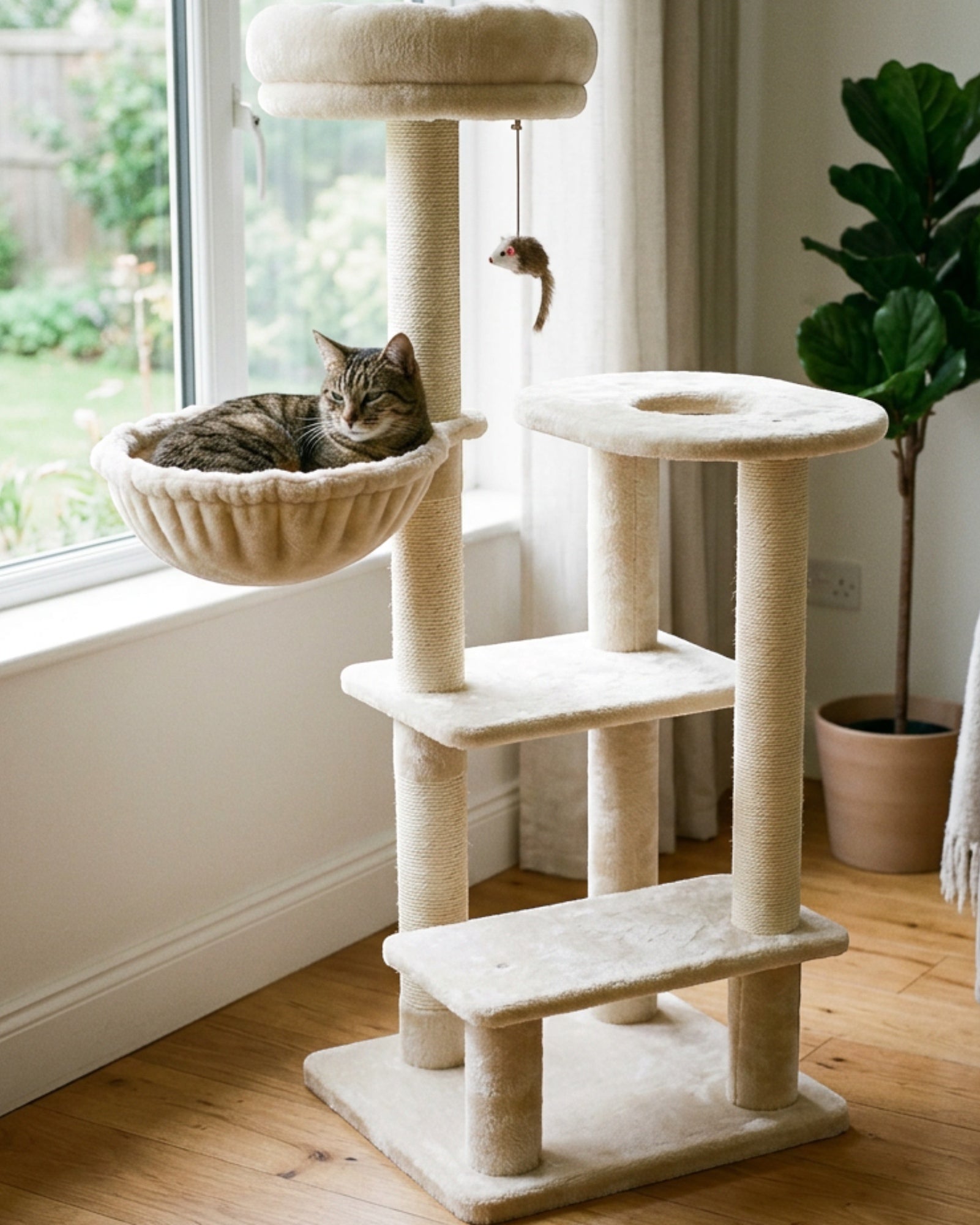 Wcwo Tall Cat Tree 156 cm Cream with Basket Bed and Scratching Posts - Lifestyle view